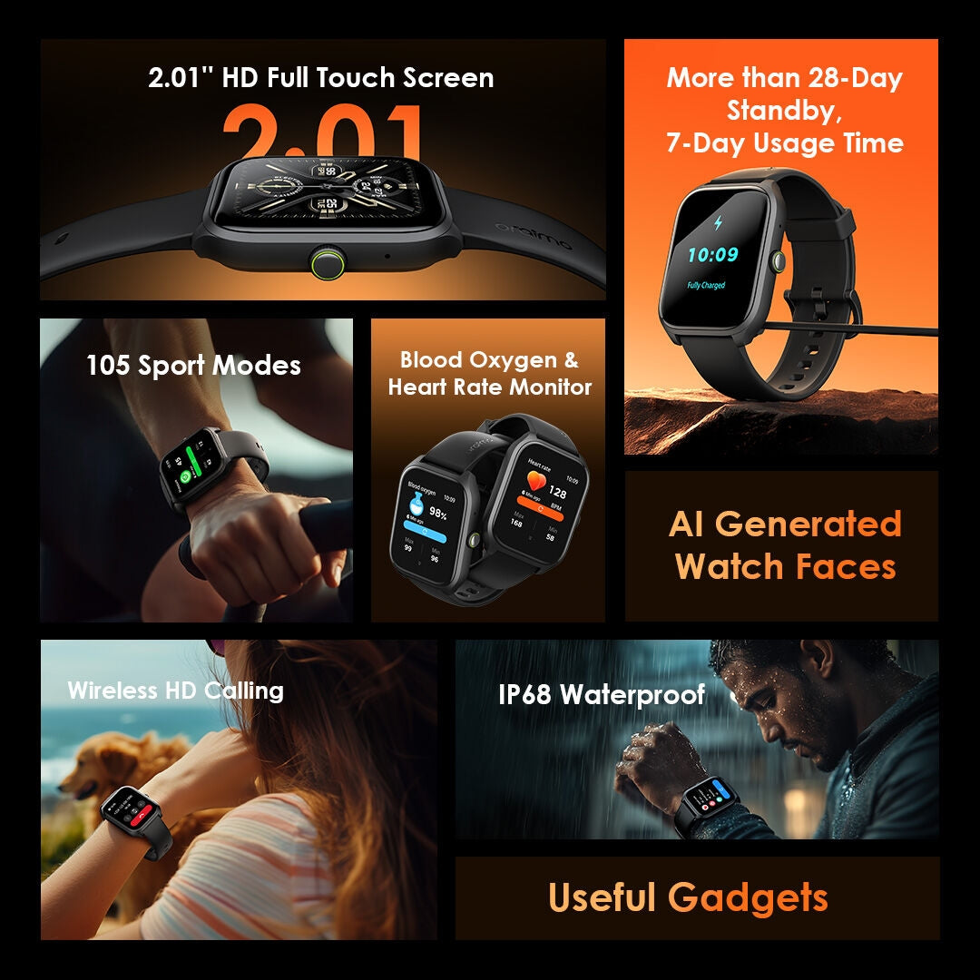 Oraimo SmartWatch 5 Lite OSW-804 – 2.01" HD, IP68 Waterproof, 300mAh – Black