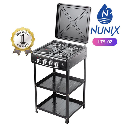 Nunix LTS-02 Stand Cooker – 3 Gas Burners and 1 Electric Plate with Storage Shelves