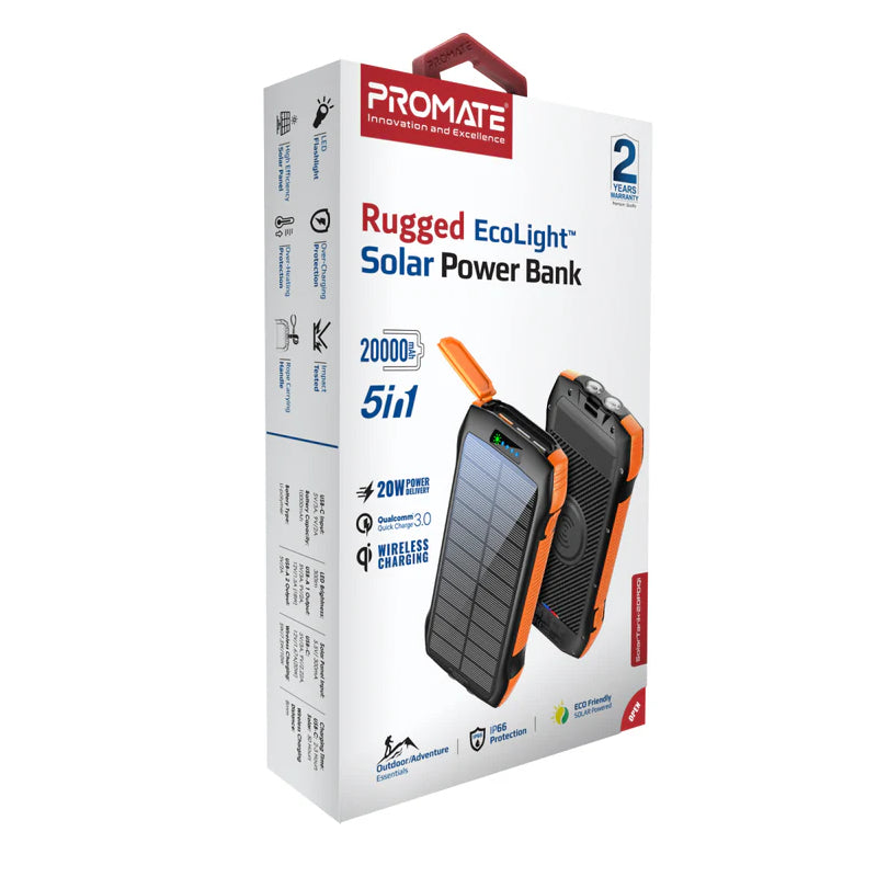 Promate SolarTank-20PDQi Power Bank - 20W 20000mAh