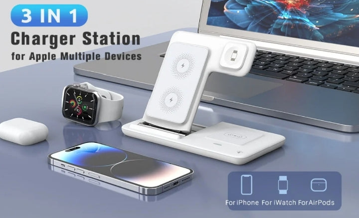 15W Fast Wireless Charging Station, 3 in 1 and Stand, Fast Wireless Charging for iPhone 16 15 14 13 12, Apple Watch, Airpods
