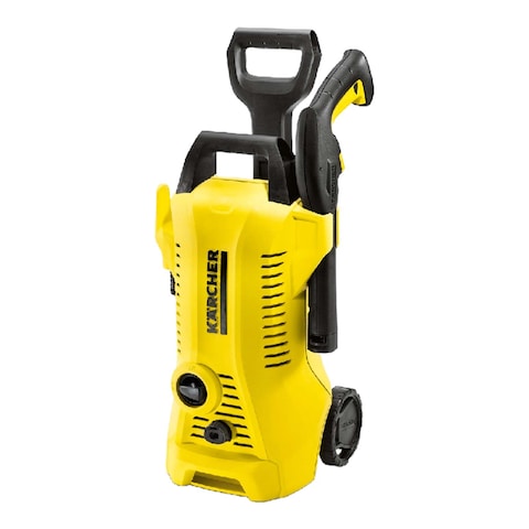 Yellow Karcher pressure washer with black handle on a white background