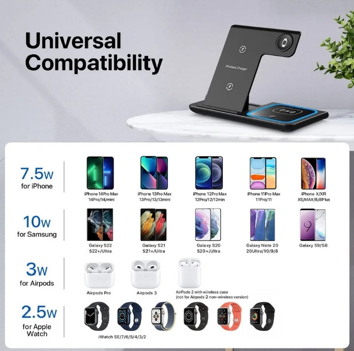 15W Fast Wireless Charging Station, 3 in 1 and Stand, Fast Wireless Charging for iPhone 16 15 14 13 12, Apple Watch, Airpods