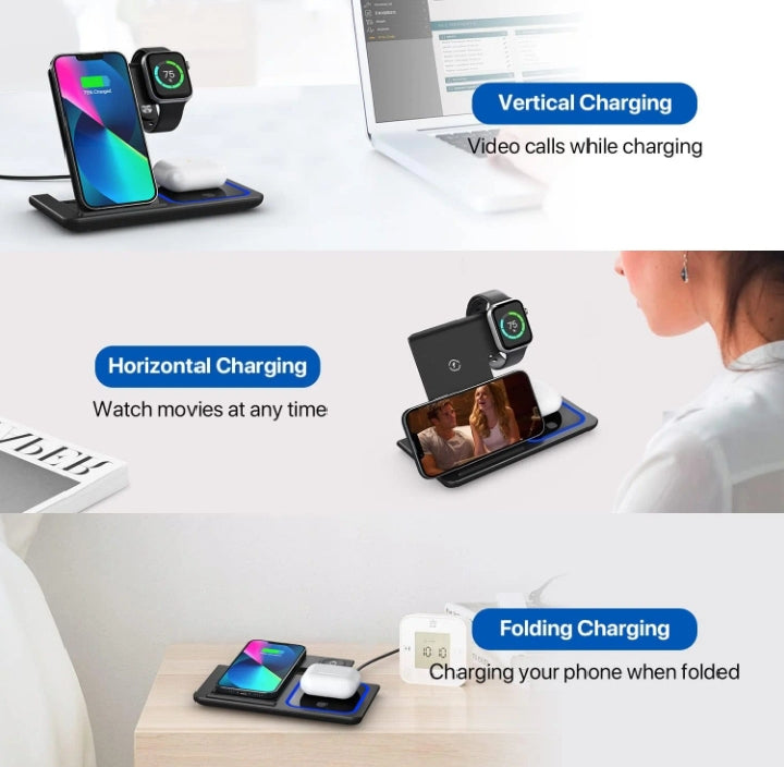 15W Fast Wireless Charging Station, 3 in 1 and Stand, Fast Wireless Charging for iPhone 16 15 14 13 12, Apple Watch, Airpods