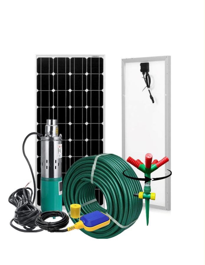 Solar Pump Irrigation Kit – 250W Panel, 24V DC Submersible Pump with Sprinkler & Hose